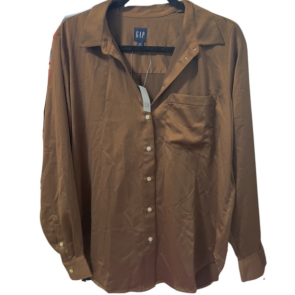 NWT* GAP Satin Button Down Blouse in Cozy Brown - Picture 4 of 7